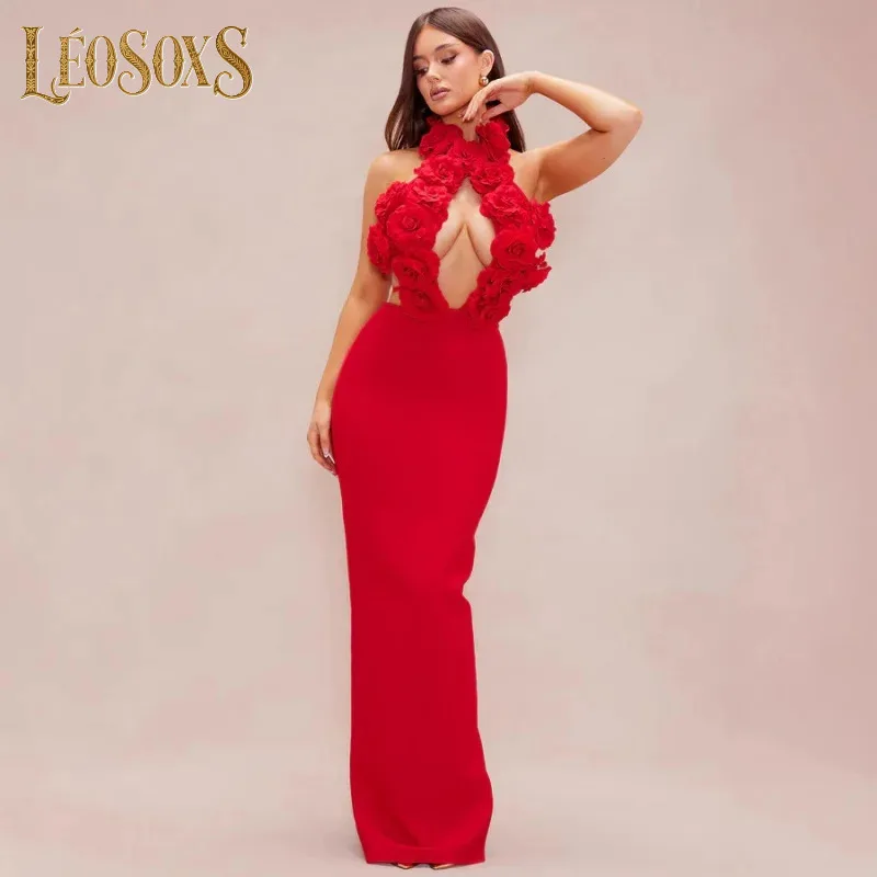 فستان سهرة طويل مثير برقبة رسن من LEOSOXS مزين بالورود ثلاثي الأبعاد فستان ضيق بتصميم أنيق بدون ظهر للمناسبات الرسمية