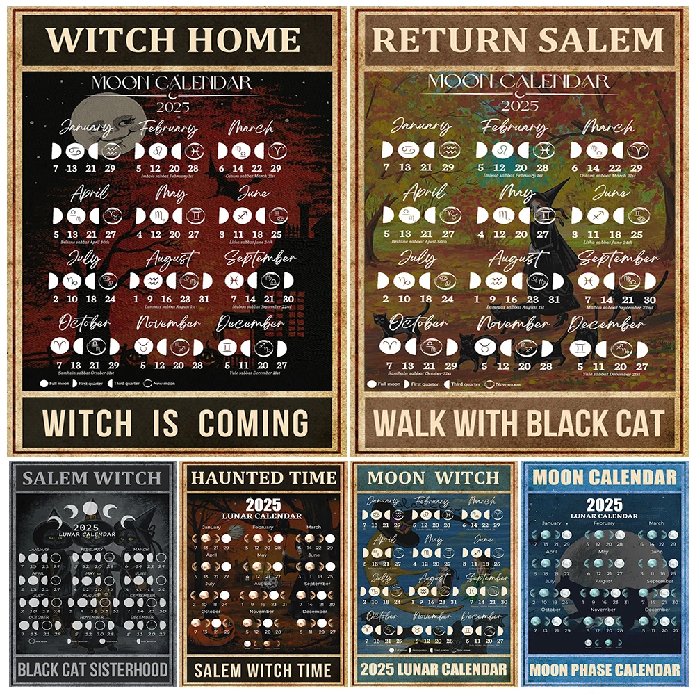Salem Witches 2025 Moon Phases Art Poster Print,2025 Lunar Calendar Wall Art Canvas Painting,Witches Home Decoration Unframed