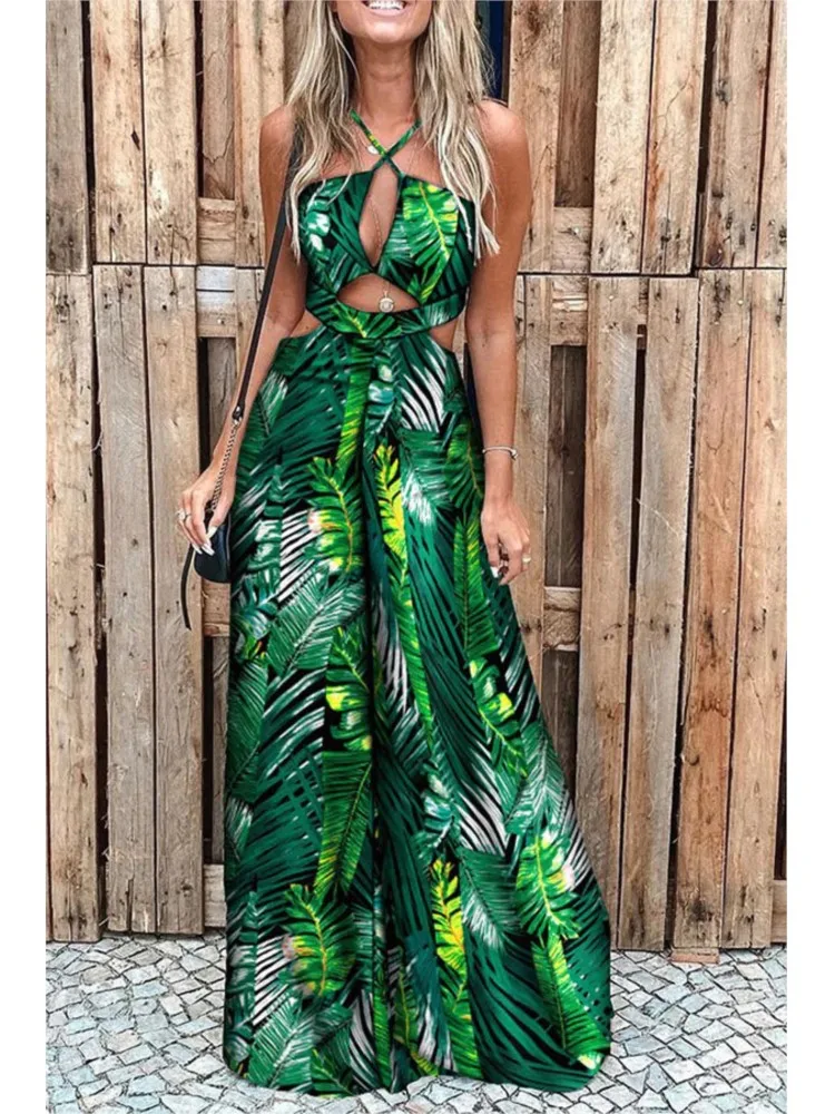 Jumpsuit Women Printed Sleeveless Halter Neck Hollow Out Sexy Backless Leace-up Jumpsuits Beach Vacation Chic Wide Leg Playsuits