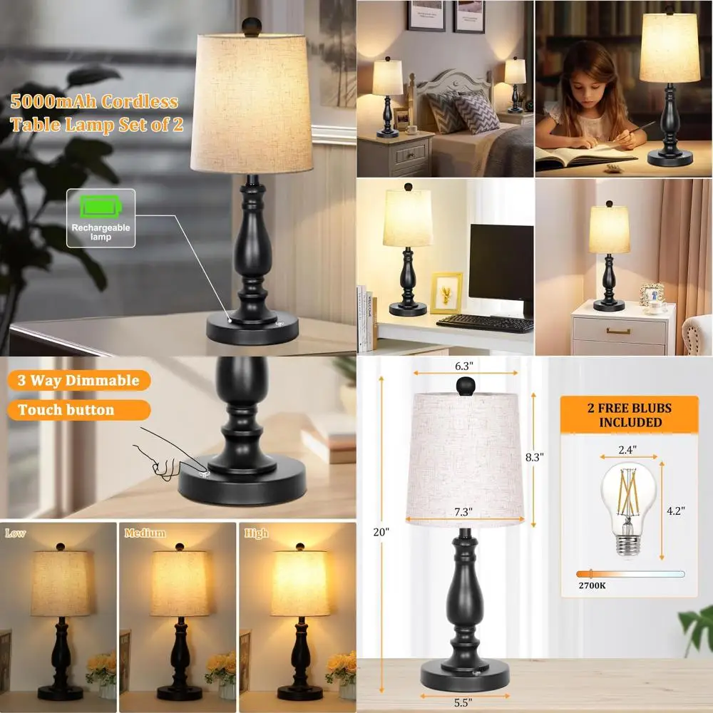 

Set of 2 Cordless LED Table Lamps with 3-Way Dimming, Rechargeable Battery, Touch Control for Bedroom, Living Room (Black)