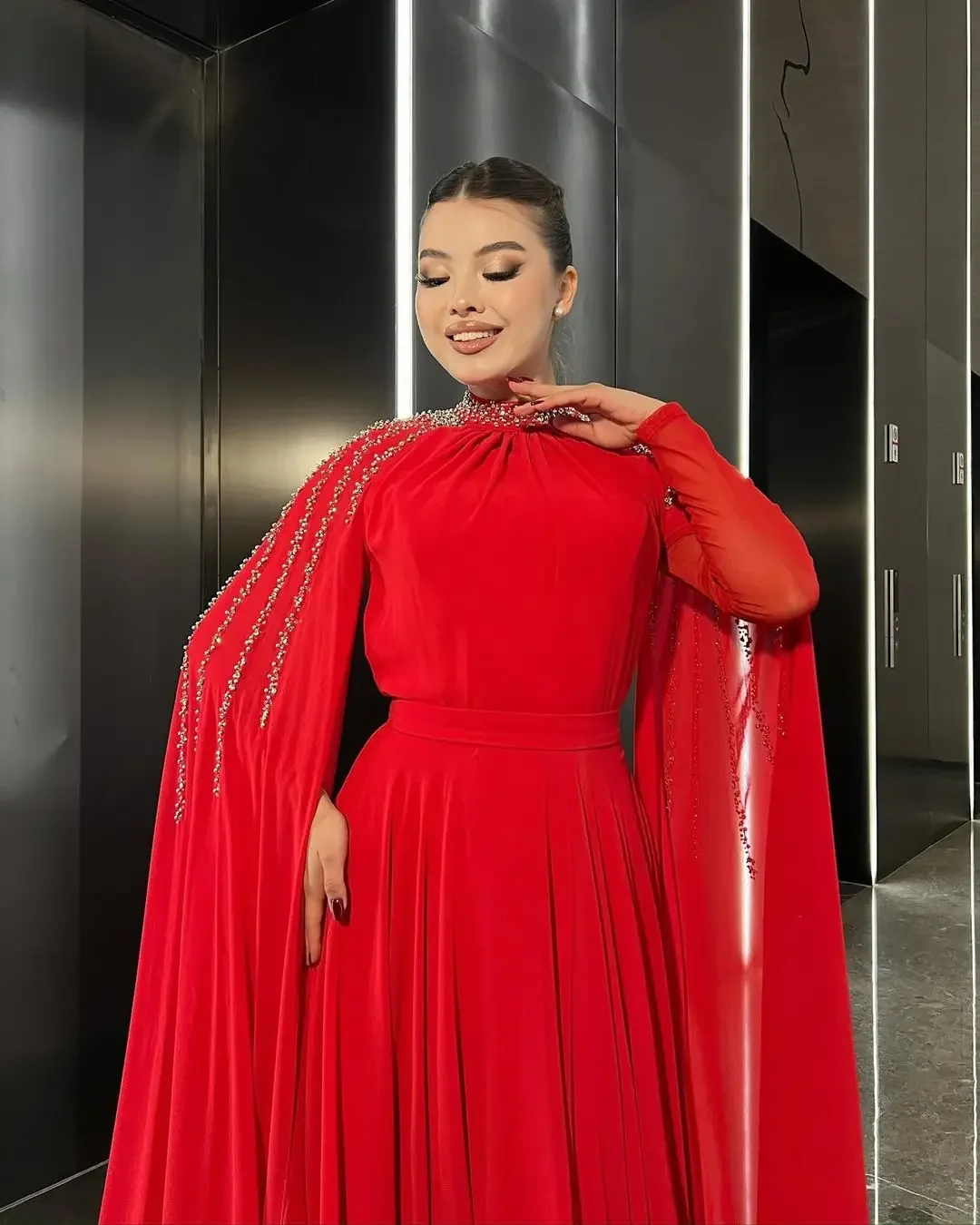 customized Elegant Red Chiffon Long Sleeves Prom Dresses High Neck Pleated Beadings Floor Length Party Dresses Evening Dresses