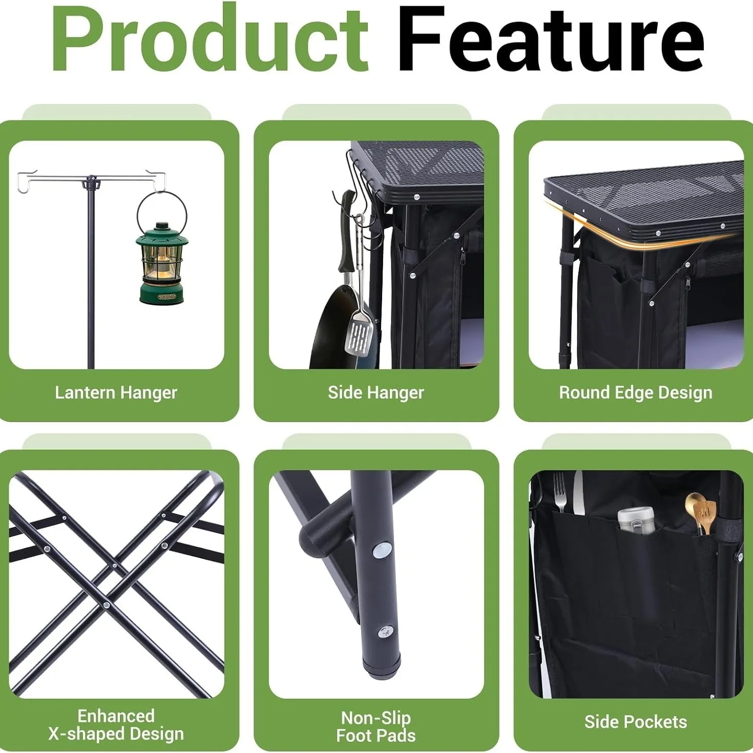 Kochen im Freien, Esszimmerstation, Campingtisch, tragbarer Klapptisch, Picknick, mobile Küche, Camping, Kochstation mit Lichtständer