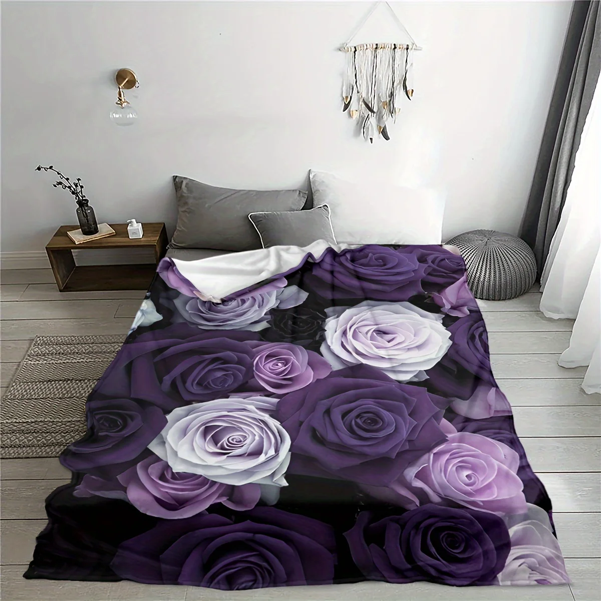 بطانية أنيقة بالورود باللونين الأرجواني والأبيض - تصميم مريح وملون، مثالية لأي غرفة، ناعمة ودافئة، هدية مثالية #4