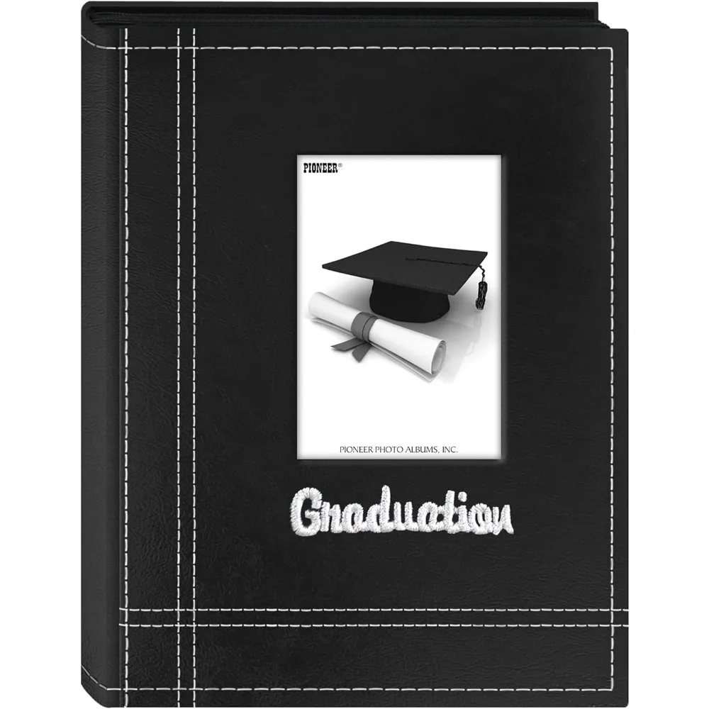 

Photo Albums 36-Pocket Sewn Leatherette Embroidered Graduation Theme Frame Cover Album for 4 by 6-Inch Prints, Black