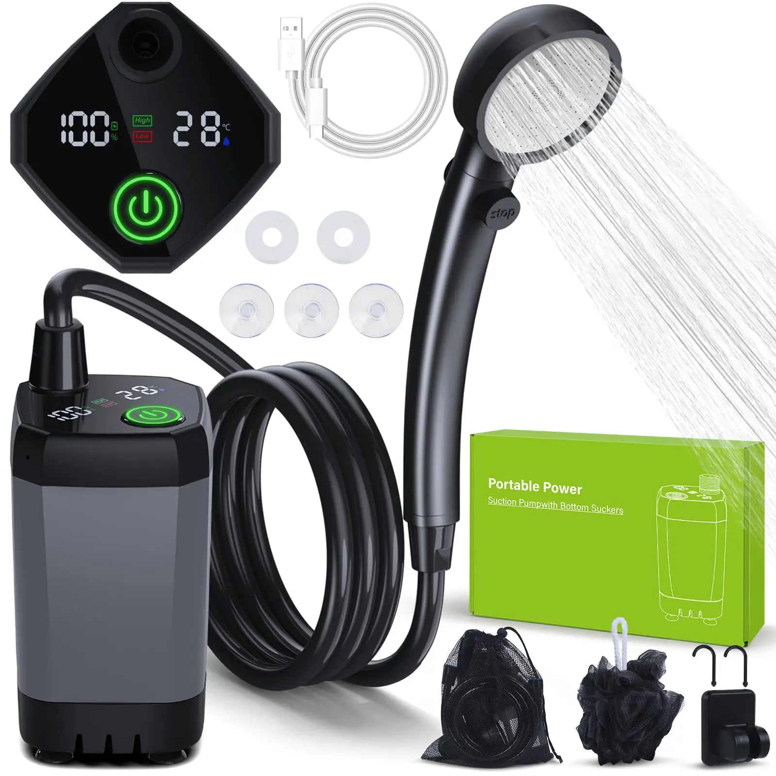 

Portable Camping Shower, Gray, 6000mAh Rechargeable, with Shower Head, Smart LED Display, Electric Water Pump, 4 Water Modes,