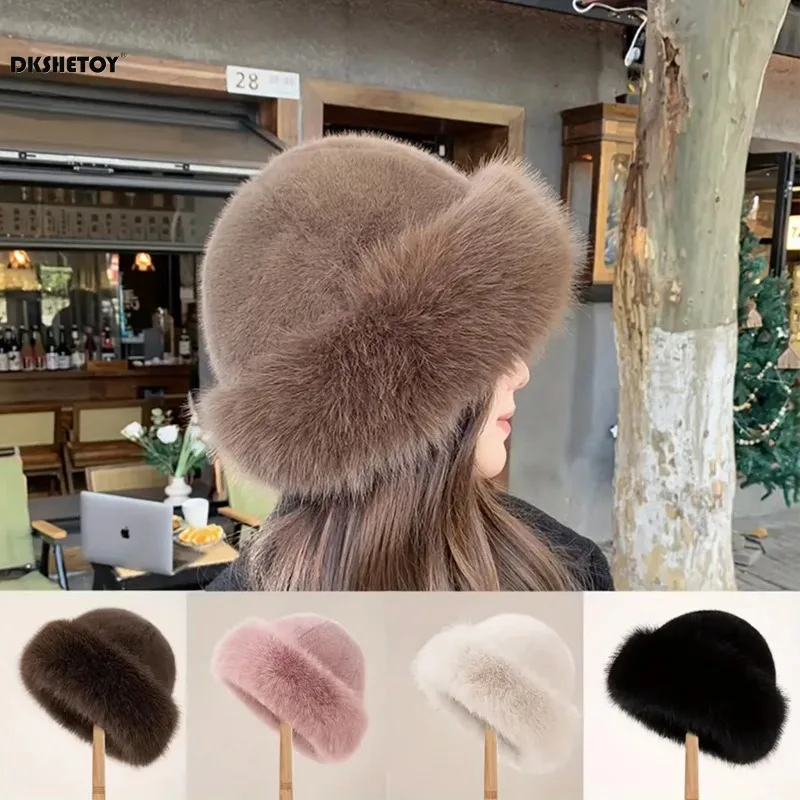 Warmer Fleece-Eimerhut für Damen im Winter mit Gehörschutz, winddichter, einfarbiger, dicker, lässiger, eleganter Pullover für Outdoor-Aktivitäten