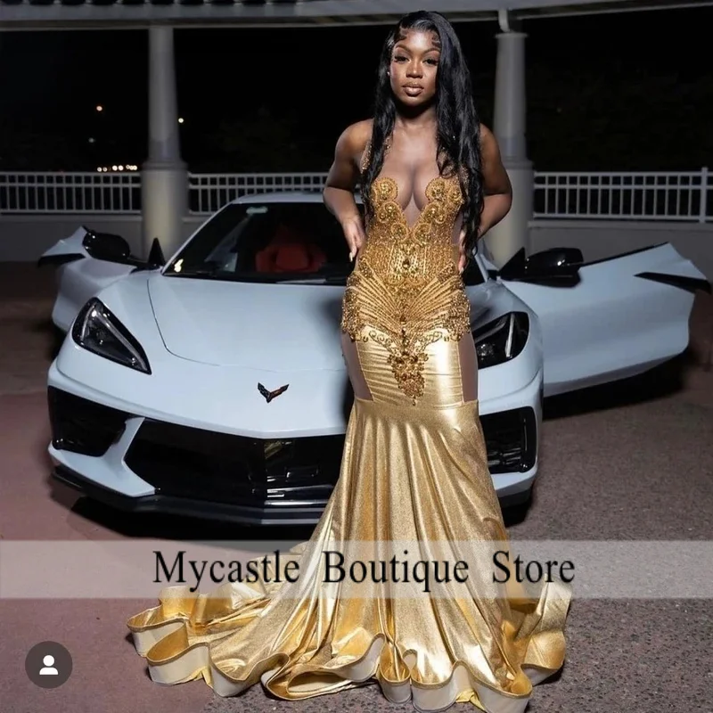

Customized Gold Long Diamond Prom Dress For Black Girls Diamonds Crystal Beaded Formal Party Gala Gown Vestidos De Fiesta