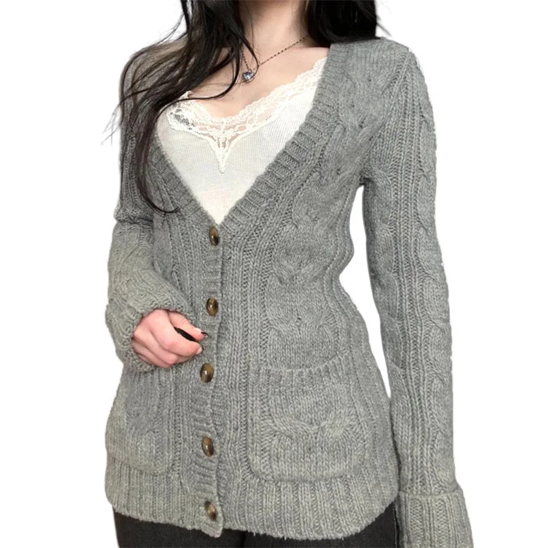 

Women Knitting Cardigan 2025 Women's Retro Cardigan V Neck Cable Knit Sweet & Spicy Preppy Lazy Vibe Buttoned Pocket Sweater
