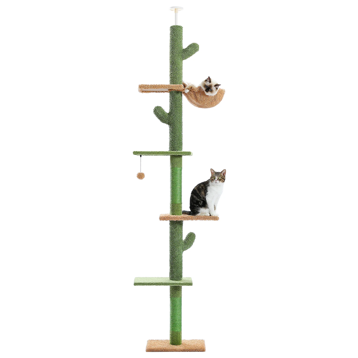 

5-Tier Floor to Ceiling Cat Tree Tower Cactus Tall Climbing Tree with Scratching Post Hammock Dangling Ball for Indoor Cats