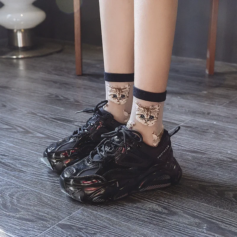 New Japanese Transparent Cute Cartoon Cat Harajuku with Print Fashion Clothes Spring Summer Ultra-thin Funny Women Tube Socks