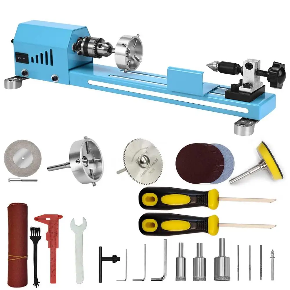 Multi-Purpose Wood Lathe Mini Machine Kit Adjustable Chuck HSS Wood Saw DIY Hobbyists Turning Cutting Grinding Polishing Durable