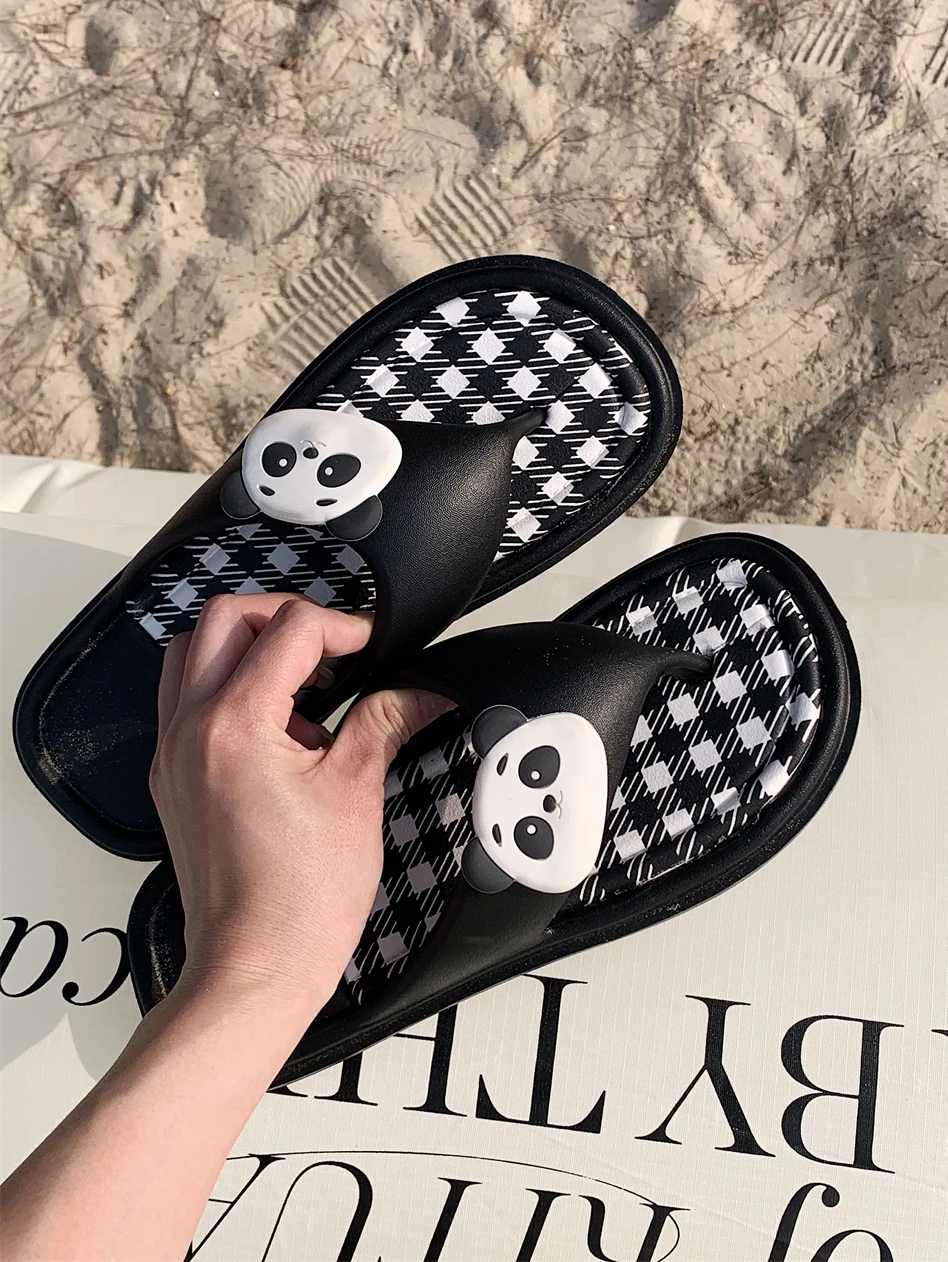 

Ins Fun Checkered Panda Herringbone Slippers For Women Summer Outwear Cute Soft Sole Flip Flops For Sandals