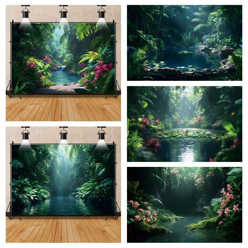 

Jungle Forest Photography Backdrop Rainforest Tropical Natural Scenery River Summer Adventure Party Decorations Photo Background