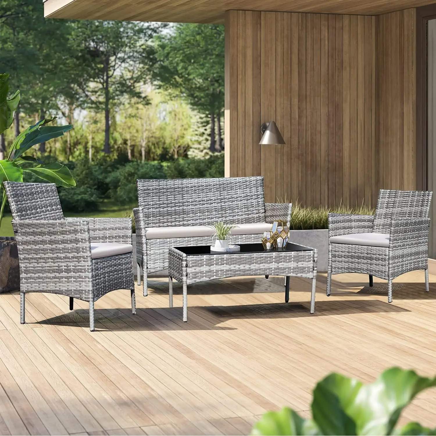 

4 Pieces Patio Rattan Chair Wicker Set,Outdoor Indoor Use Backyard Porch Garden Poolside Balcony Furniture (Grey and Beige)