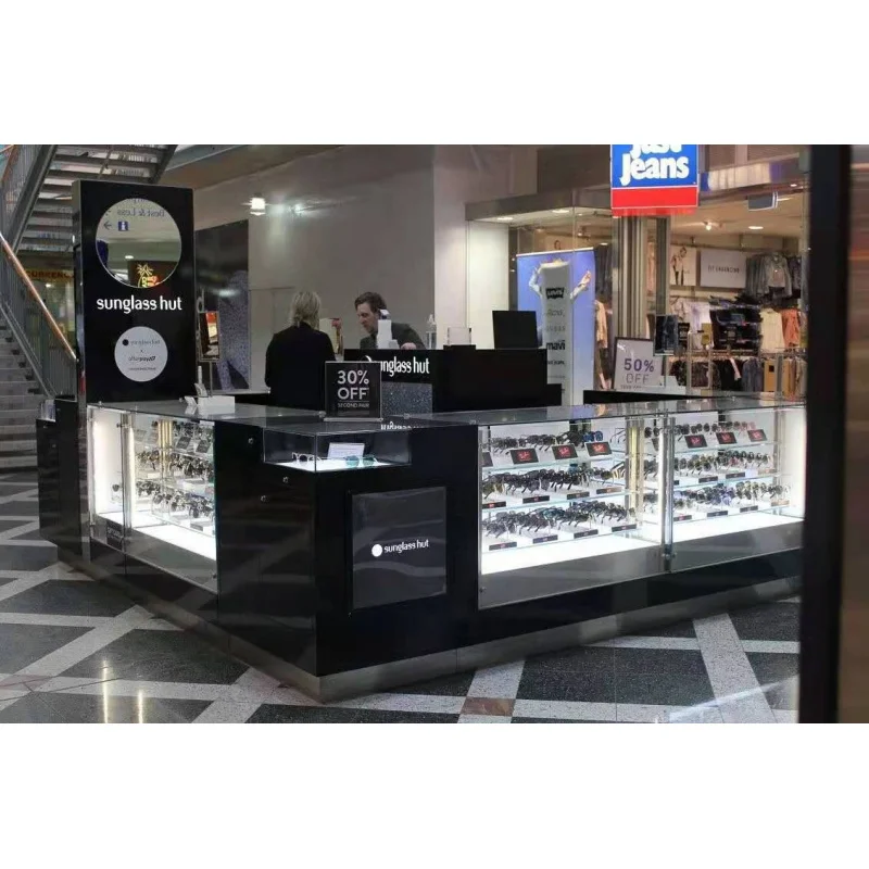 (Customized) high quality Sunglasses Hut sunglasses booth with LED light custom made sunglasses kiosk showcase mall