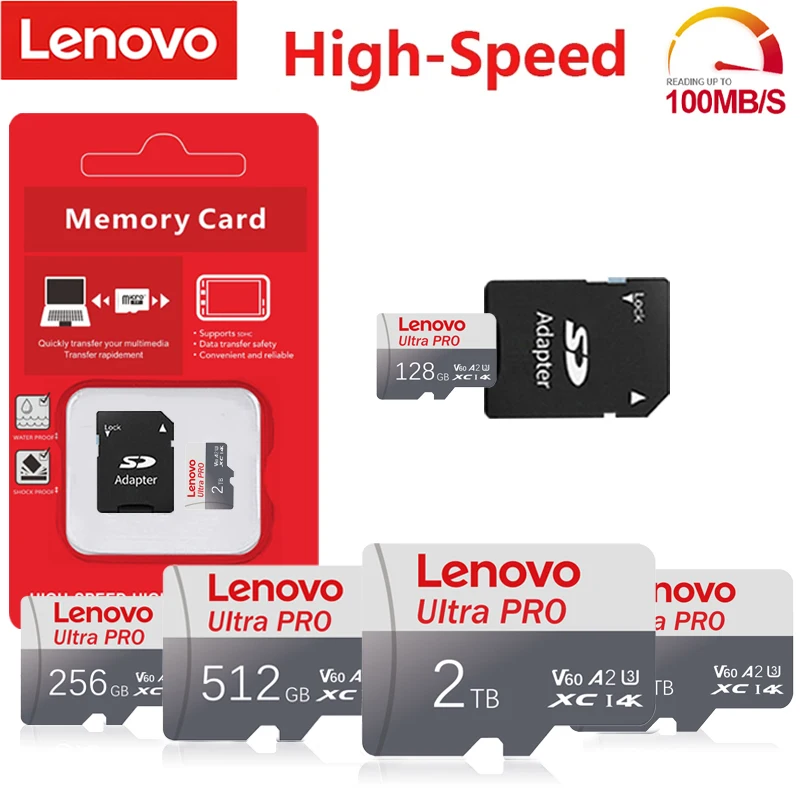 Lenovo-Carte Micro TF SD d'origine, 512 Go, 256 Go, 128 Go, 64 Go, A2, C10, carte TF, carte mémoire Flash USB, 100 mbumental, carte SD avec adaptateur SD