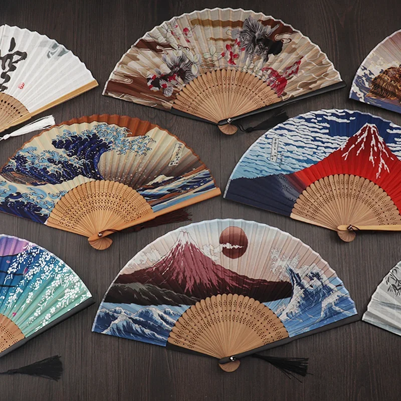 

Japanese Folding Fan Kanagawa Fan-shaped Cloth Edo Men Women Ornaments Gift Hanfu Kimono Accessories Waves Crane Wooden Fan