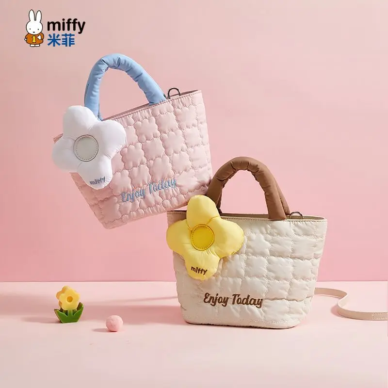 Miffy Kawaii Anime Cartoon Rabbit Handbag Simple Cotton New Style Autumn Winter Fashion Sweet Flowers One Shoulder Crossbody Bag