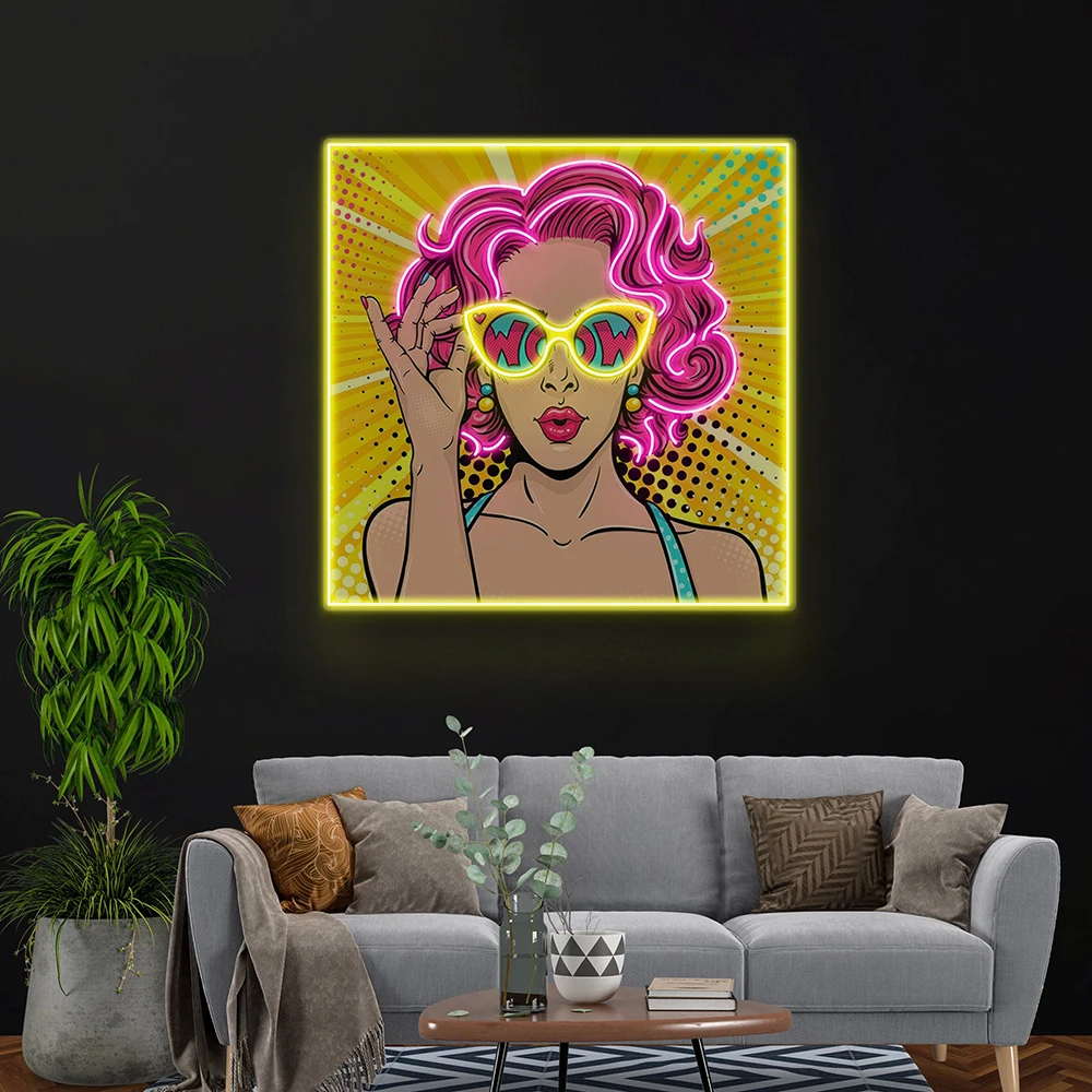 

Wow Lady Neon Sign Acrylic ArtWork Sexy Girl with Glass Custom Neon Sign Beautiful Woman Neon Light Art Wall Decor Living Room