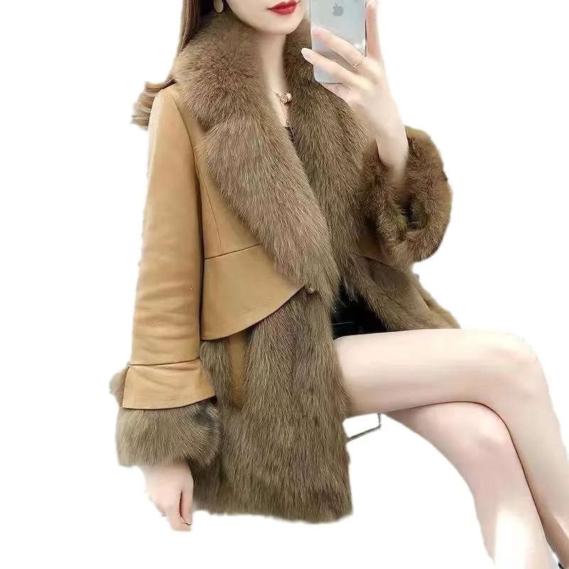 Casacos de pele de raposa falsa mulheres jaquetas de pele emendada sólida gola virada para baixo mangas compridas único breasted solto casual 2025 outono inverno