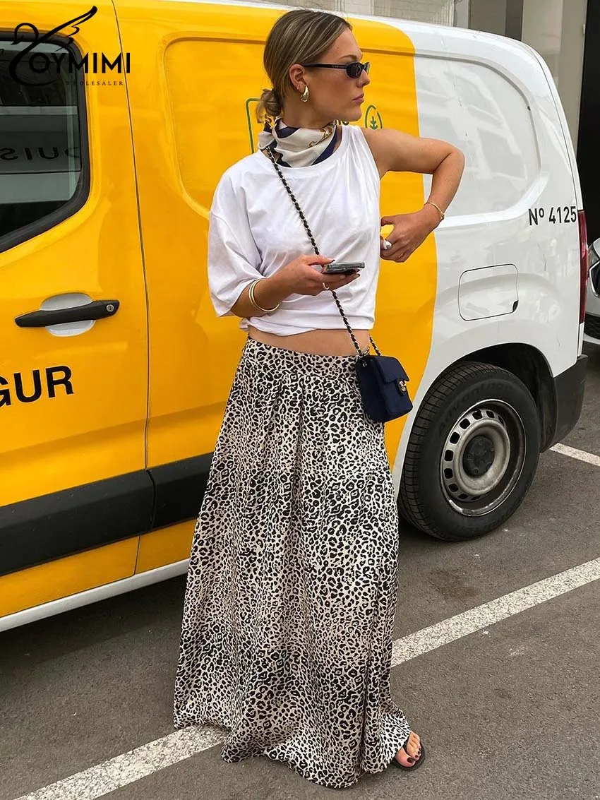 

Oymimi Elegant Brown Print Women's Skirt Fashion High Waisted Loose Skirts Casual New Side Slit Floor-Length Skirts Streetwear