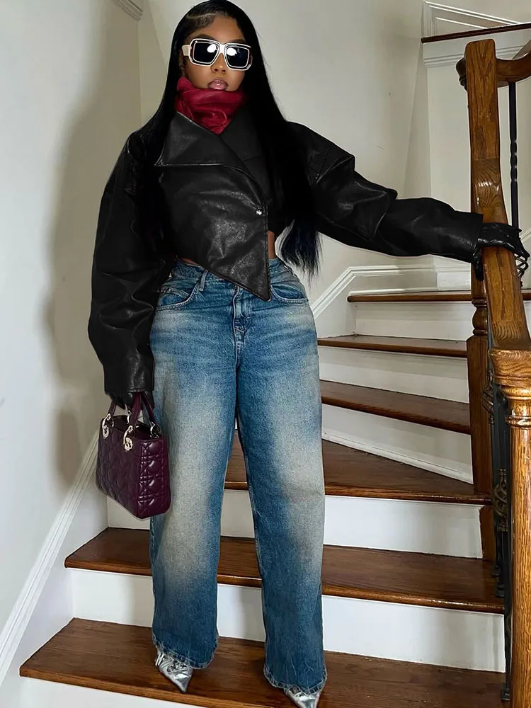 이상한 푸스 인조 가죽 크롭 재킷 여성 크로스 넥 힙스터 싱글 버튼 불규칙 가을 트렌드 와일드 베이직 섹시 스트리트웨어 코트