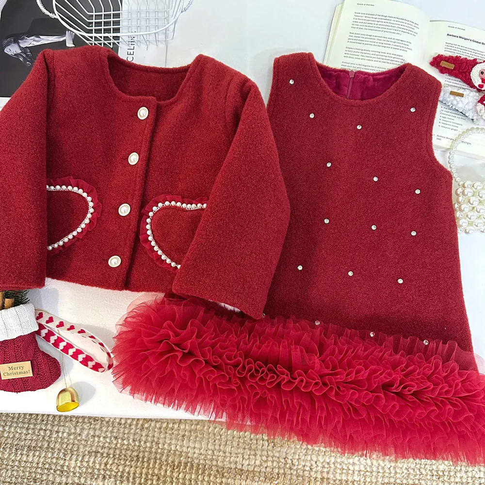 Christmas Winter Girls' Sleeveless Dress Set with Jacket Two-piece Outfit Fleece Lined Warm Fashionable Toddler Kids Outfit