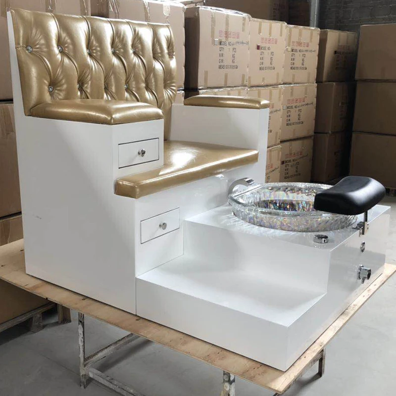 

Luxury White Gold Pedicure Bench With Fiberglass Bowl With Jet Pump For Nail Shop Colors Are Optional