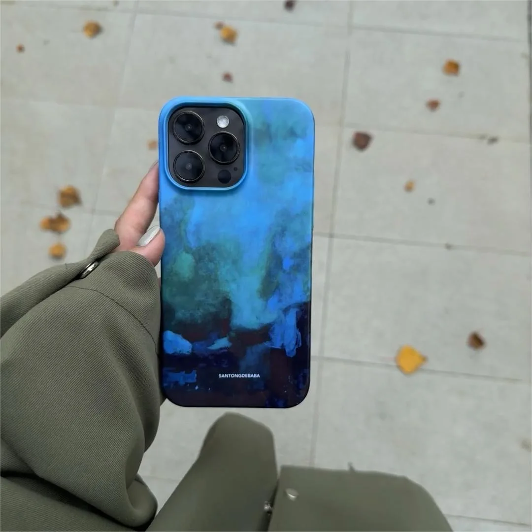 Artistic INS Style Blue Smoke Forest Oil Painting Chic Phone Case for iPhone 15 14 11 12 13 Pro Max Plus Back Cover