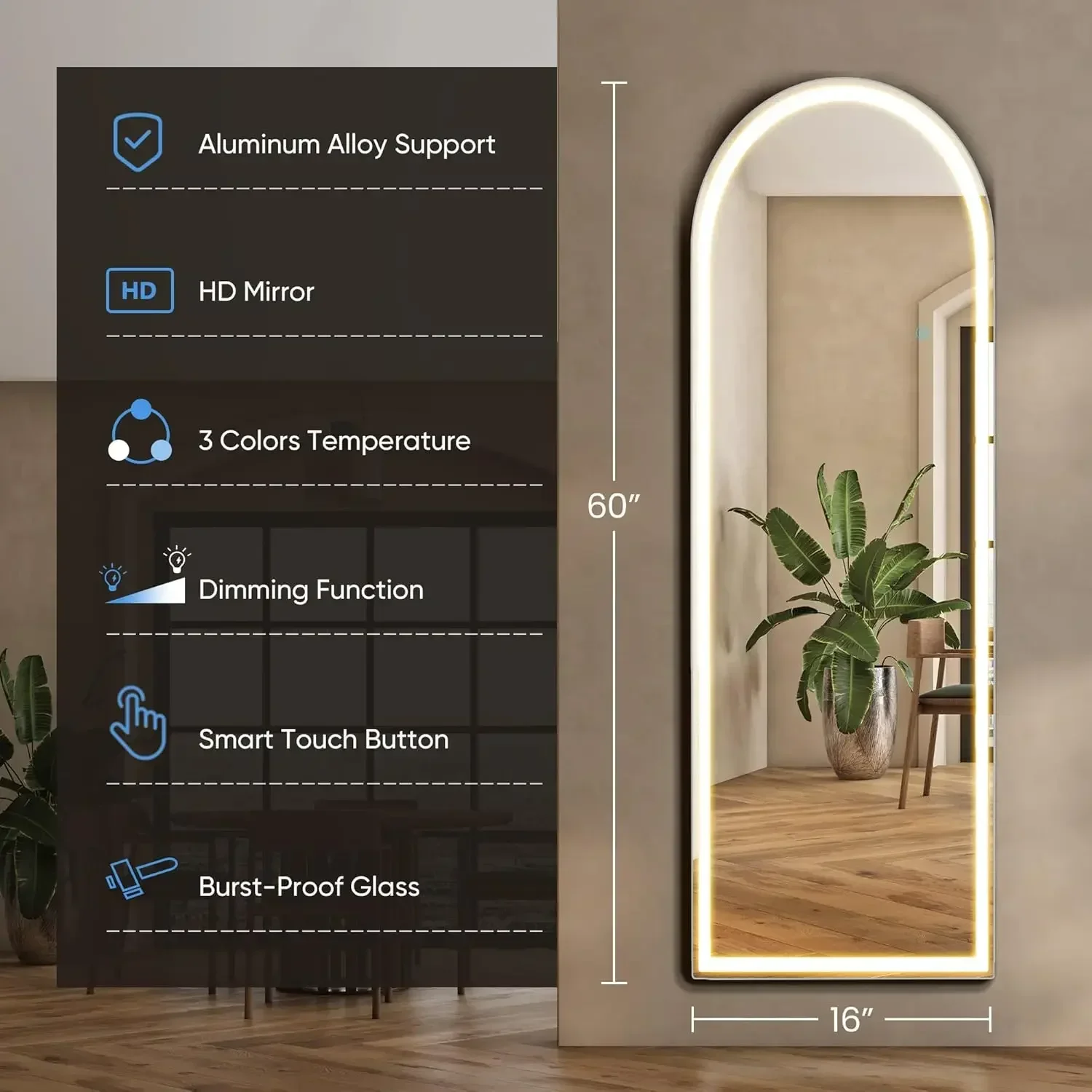Full Body Wall Mirror with LED Lights 3 Color Lighting, Hanging or Leaning, Floor Standing, Modern Simple Home Wall Decor