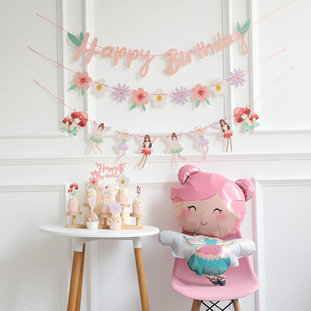 Flower Fairy Banner Pink Elf Mushroom Pull Flag Cake Topper Fairy Foil Balloons Girls Happy Birthday Baby Shower Party Supplies