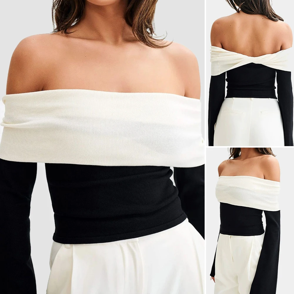 

Mia Muse Women's Sweater Summer Chic Fashion Patchwork Long Sleeve Off Shoulder Casual Sweater