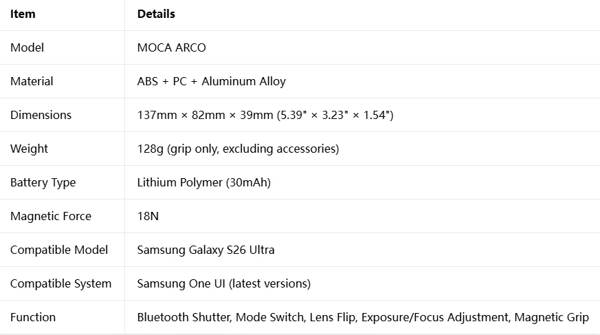 COMITOK MOCA ARCO Magnetischer Kameragriff für Galaxy S26 Ultra Abnehmbarer Fernbedienungsgriff mit passendem Etui für Vlog Video Selfie – Detail 7