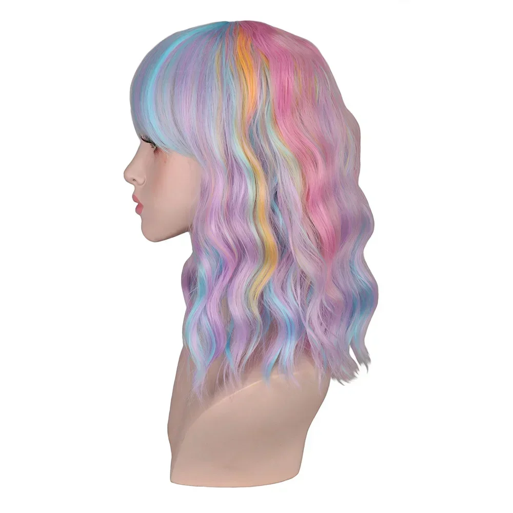 QQXCAIW Rainbow Short Curly Wigs For Women Grils Cosplay Multicolor Pink Blue Yellow Purple Heat Resistant Synthetic Hair Wigs