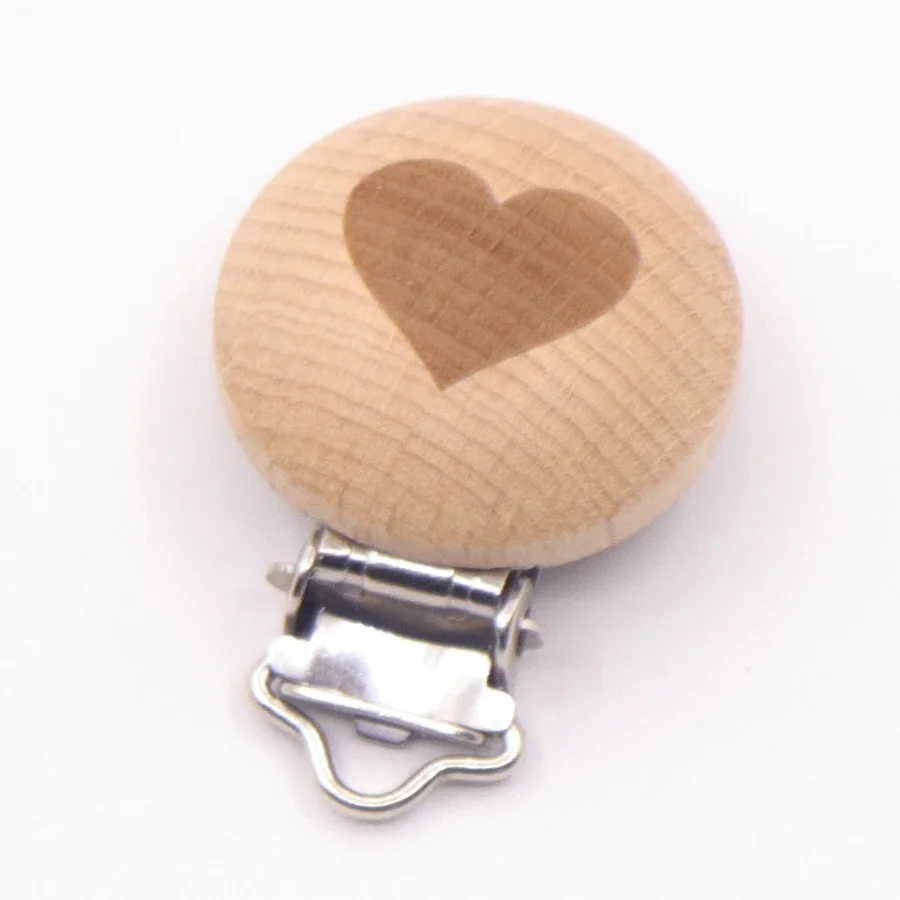 Pacifier Clip Cartoon Engrave Heart Stars Wooden Soother Clip 5pcs Nursing Accessories Diy Dummy Clip Chains Wooden Baby Teether