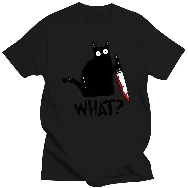 Cat What T Shirt Murderous Cat With Knife Funny Halloween 100% Cotton T Shirt Gift High Quality T-Shirts Halloween Present