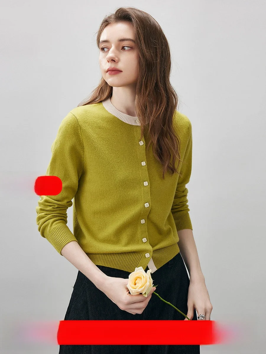 

Cboca 2025 Новая модель: Вязаный шерстяной кардиган с круглым вырезом и длинными рукавами для женщин, повседневная верхняя одежда прямого кроя в стиле колор-блок