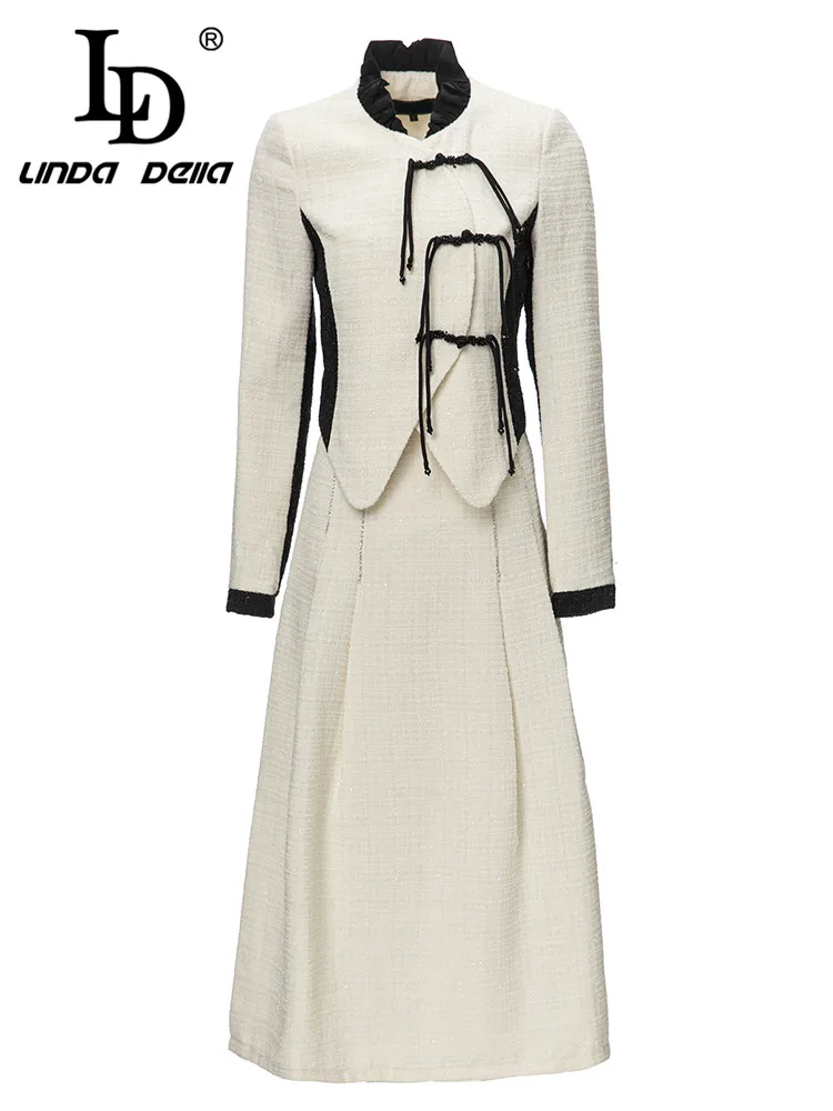 

LD LINDA DELLA New Style Autumn and winter Italian Luxury Set Women's White Lacing buckle warmTop+Draped Skirts 2 Pieces Set