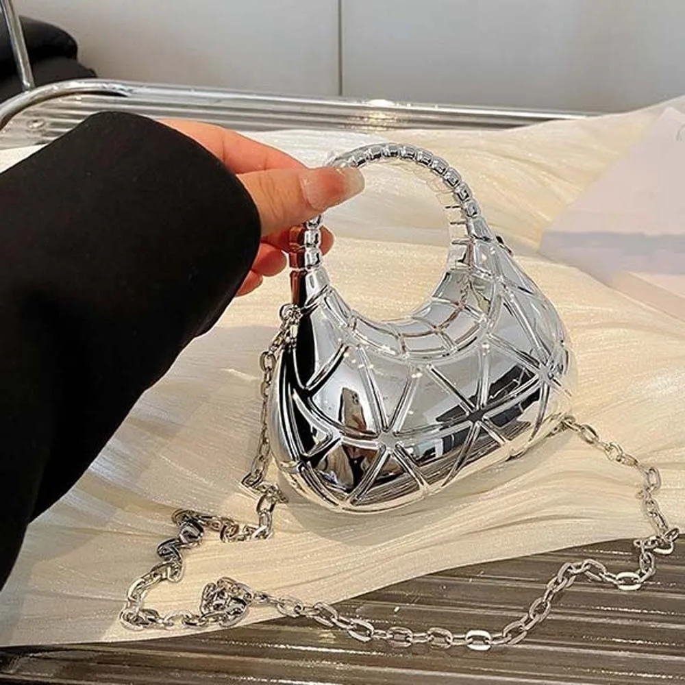 Mirror-like Surface Metallic Crescent Clutch Solid Construction Minimalist Silhouette High-Shine Moon Bag Compact Interior