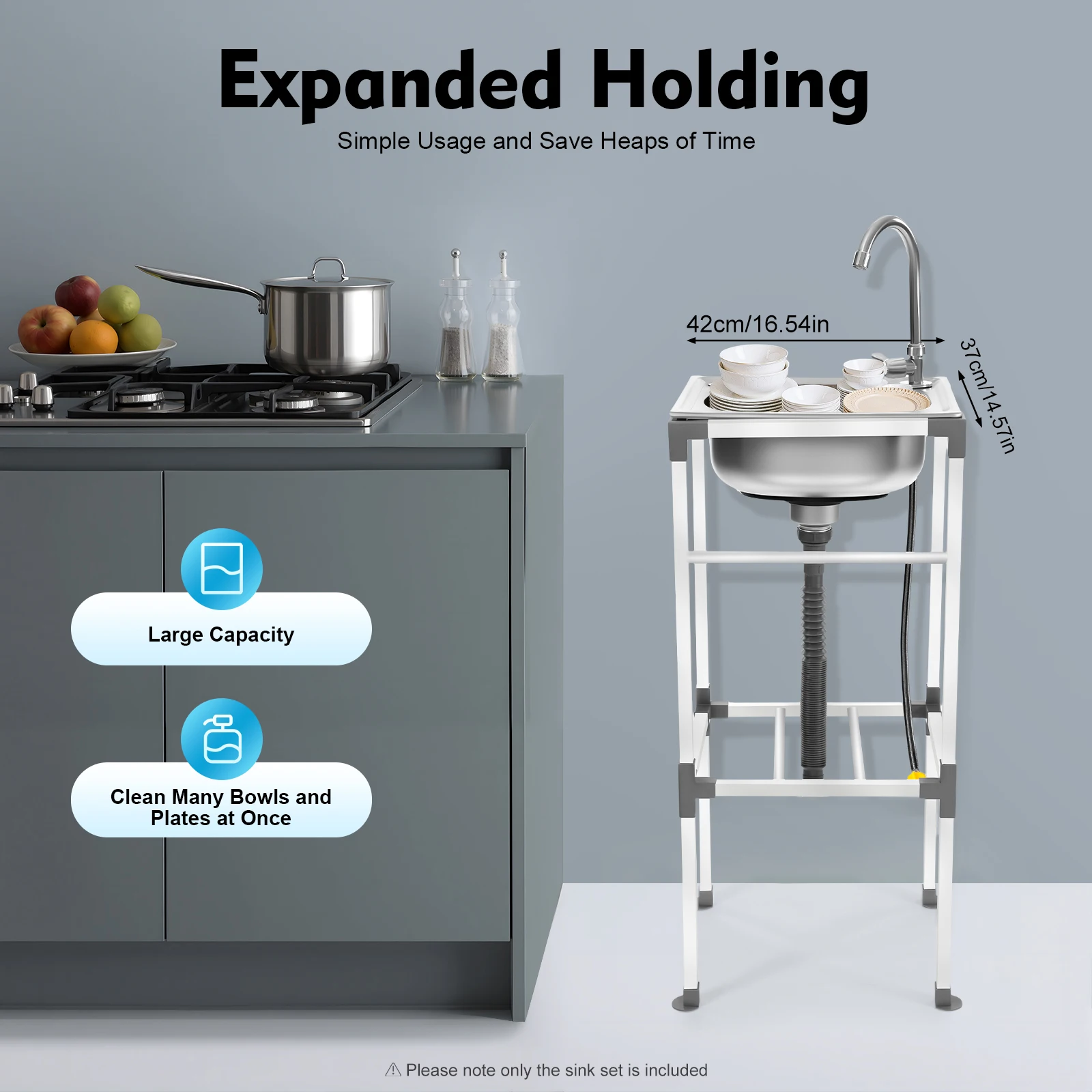 Évier de cuisine autoportant 42x37cm en acier inoxydable, grande capacité, vidange rapide, charge de 60kg avec robinet pour cuisine, garage, blanchisserie