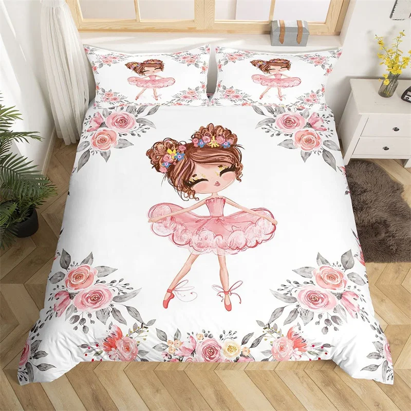 Ballet Duvet Cover Set Ballerina Rose Flower Bedding Set Cute Little Dancers Comforter Cover Twin King For Girl Gymnastics Lover