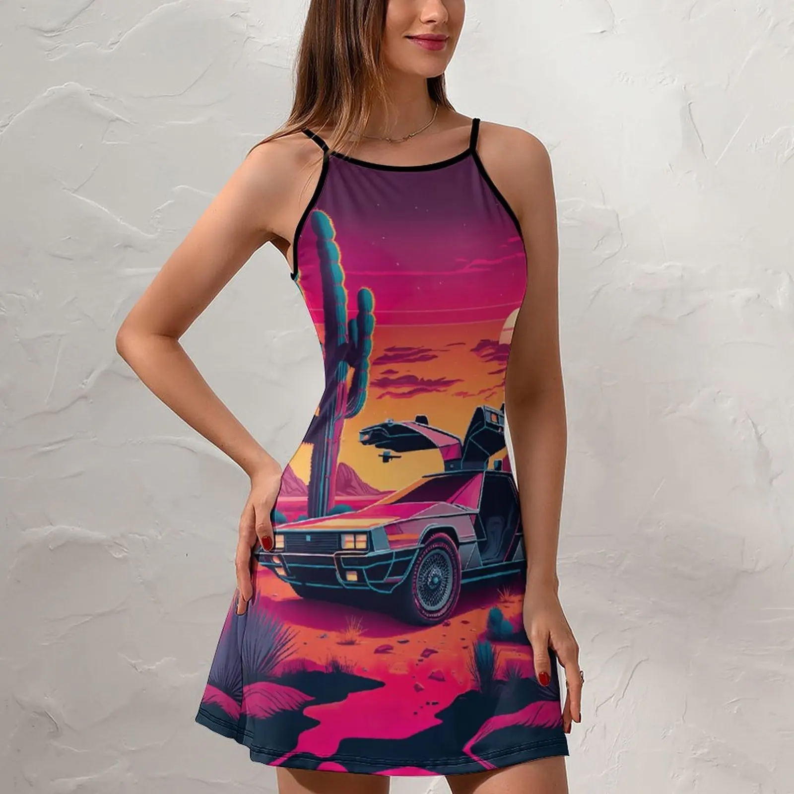 Abito da donna Sexy abito con bretelle stile Synthwave DeLorean nel deserto dell'arizona St abito da donna con fionda grafica Vintage Vaca
