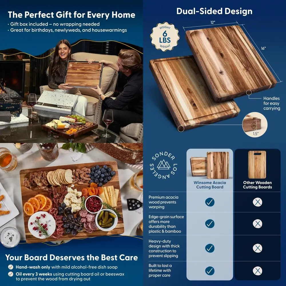 

Экологичная кухонная разделочная доска из дерева акации с пазом для сока и отделением для сортировки, 16x12x1,5 дюйма, в подарочной упаковке