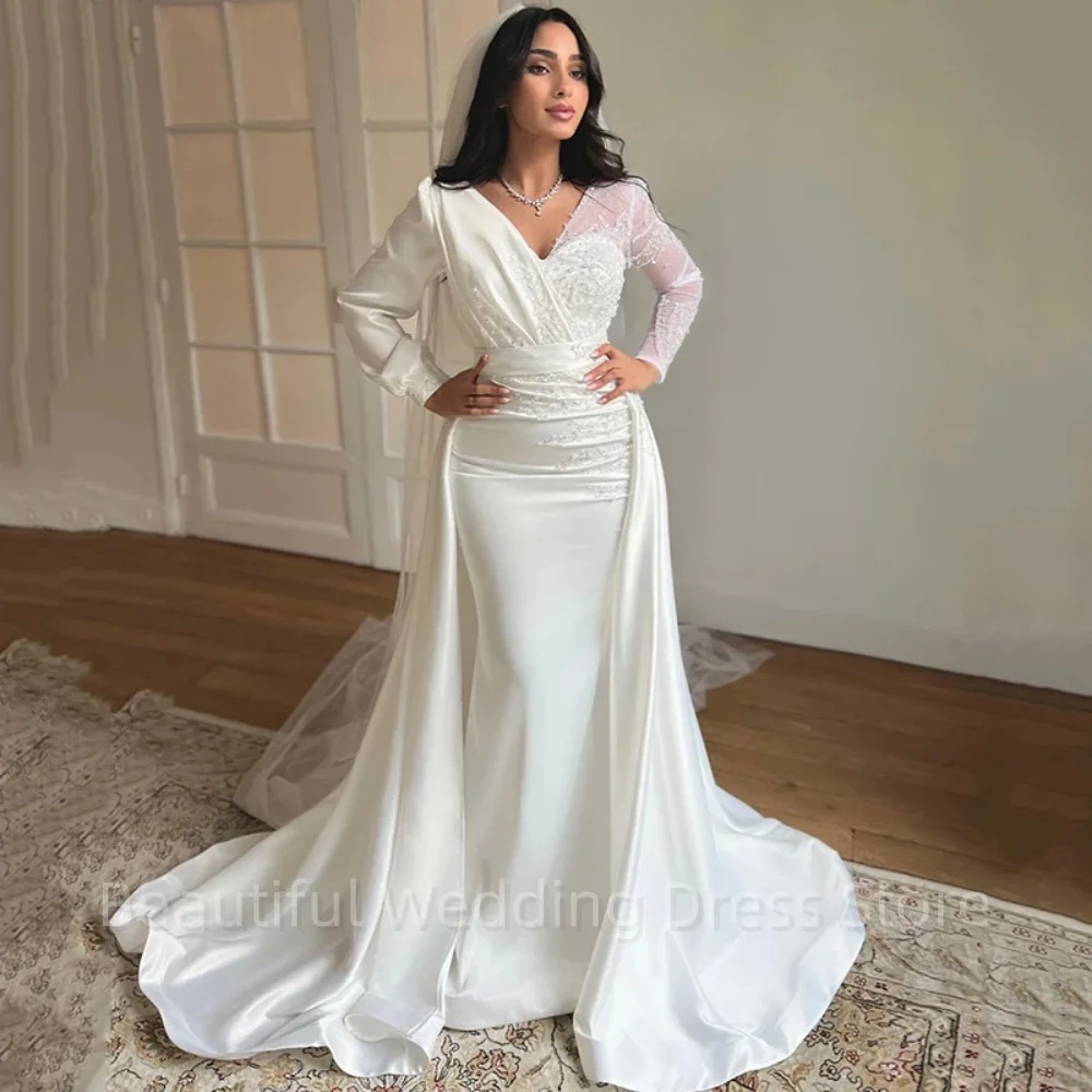 Elegante Sereia Vestidos De Noiva, Manga Longa, Beading V-Neck, Vestido De Noiva De Cetim, Vestidos De Noite Branco, Tamanho Personalizado