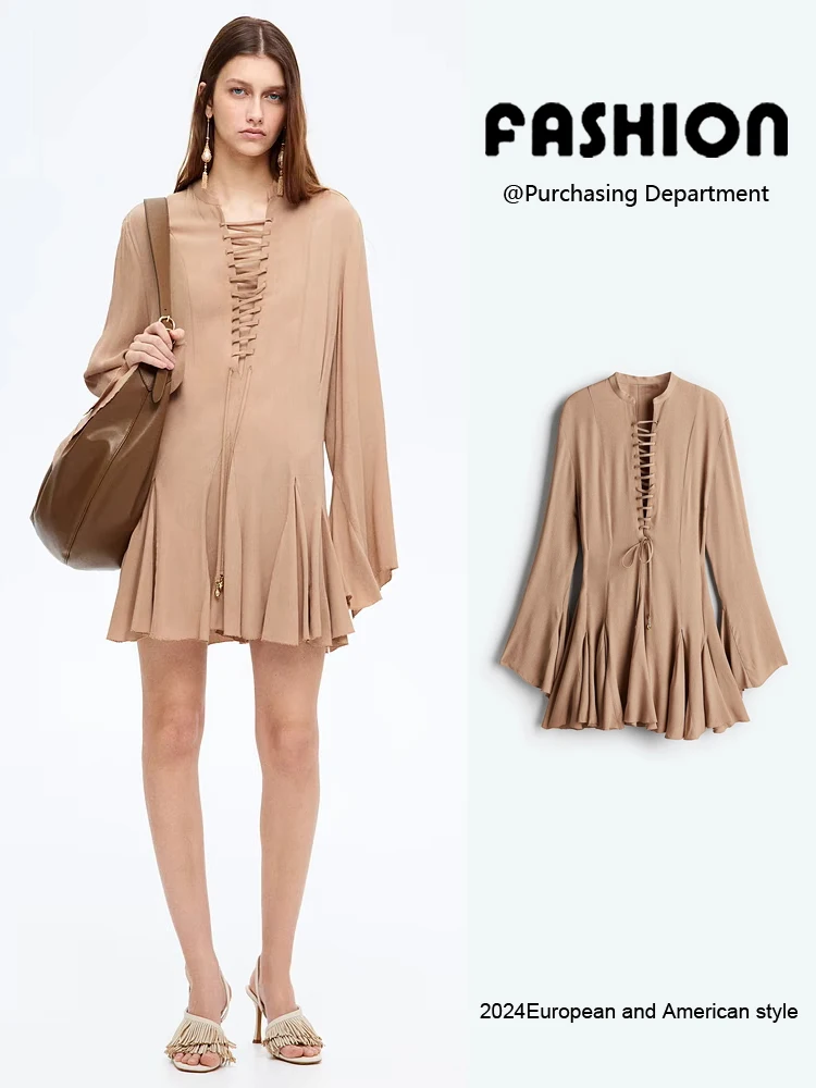 Ele printemps 2025 femme Dr avec cloche Sves et Sa décoration nouveauté robe en couleur Pure avec jupe V-Ne ort