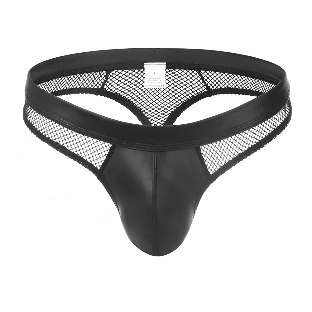 Men Mesh Sheer Thongs Faux Leather Splicing Bulge Pouch Underpants Underwear Low Rise Breathable Briefs Panties