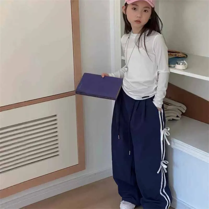 Girls Spring Pants Kids Bow Tie Sweatpants Autumn Sweet Fashion Trousers New Striped Casual Bottoms Children Loose Underwear