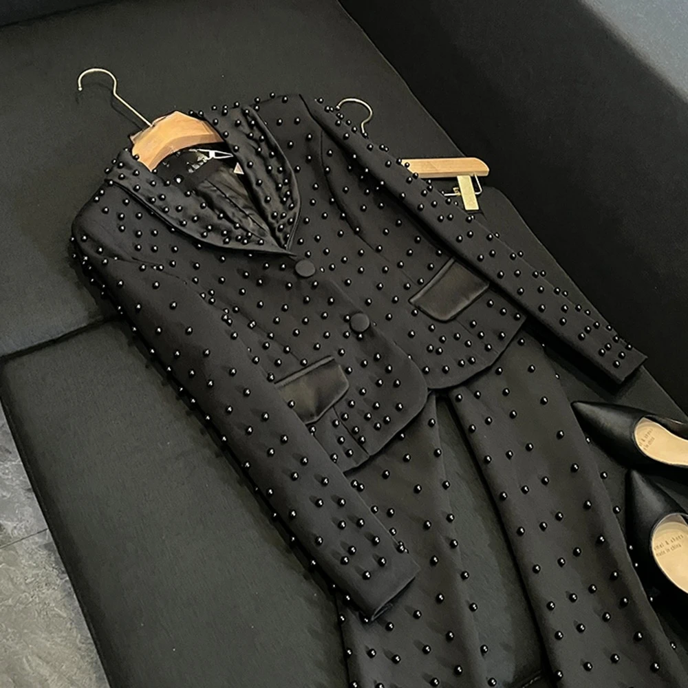 Spliced Pearl Solid Two Piece Sets For Women‘s Lapel Long Sleeve Top High Waist Pants Elegant Set Female conjuntos de pantalone