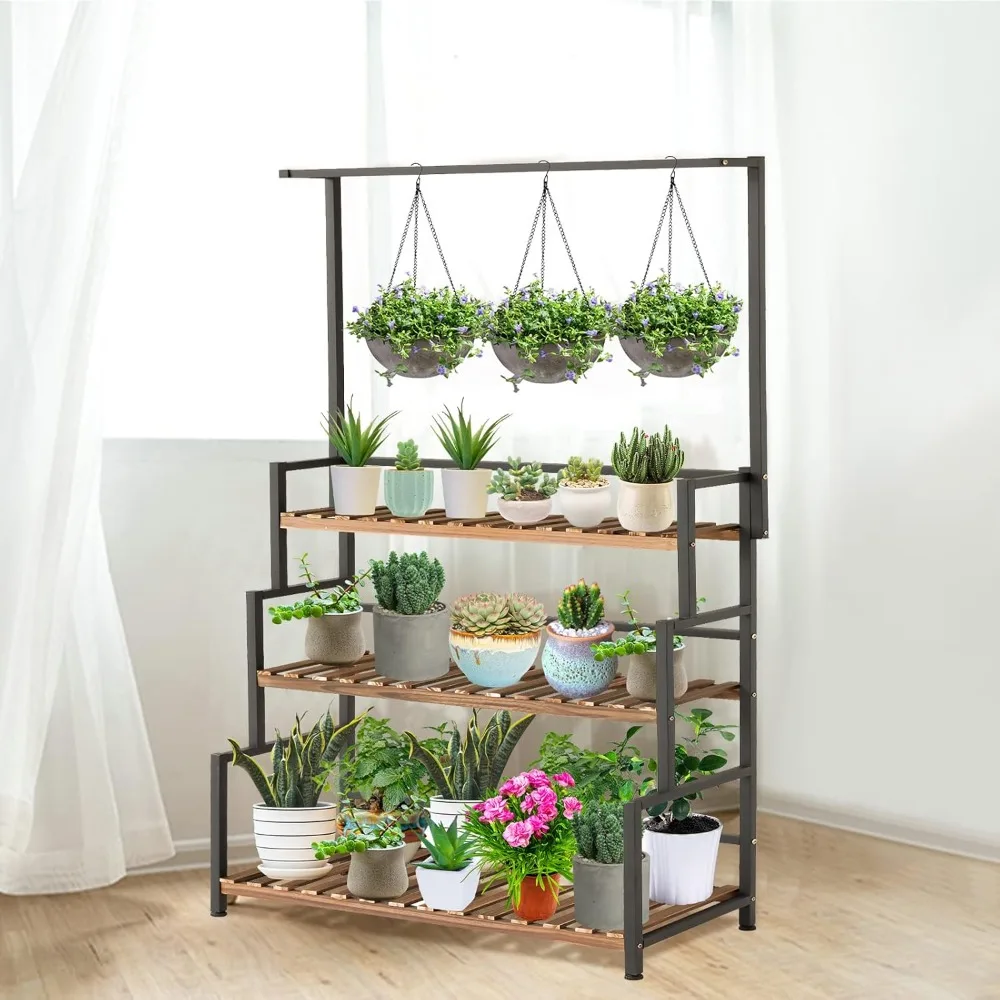 

Plant Stand Outdoor Indoor with Hanging Plant Shelf for Multiple Plants, 3 Tier Tall Plant Stand Wood Rack with Metal Frame
