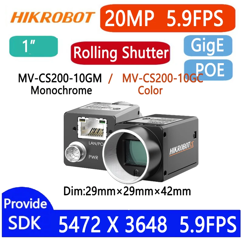 

HIKVISION 20MP 1‘’ IMX183 GigE/POE/USB3.0 Rolling Shutter Machine Vision Area Scan Camera CS200-10GM CS200-10GC CS200-10UM